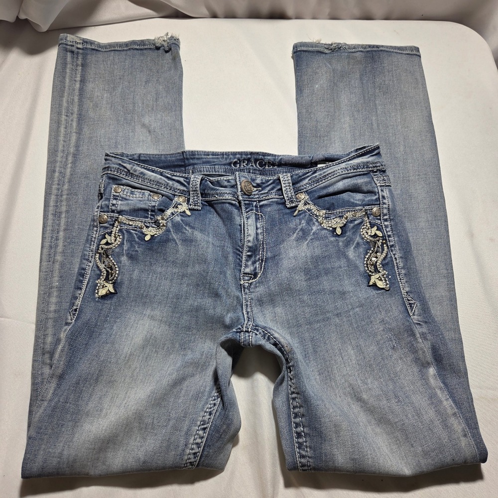 Y2k Grace in LA Easy Fit Embroidered Bootcut Jeans Light Wash Sequin Size 31 - Picture 2 of 8